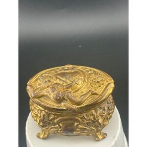 Antique Brass Cherub Jewelry Casket Footed Trinket Box Art Nouveau Figural Putti